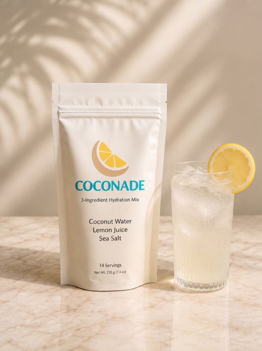 Coconade 14-serving pouch of 3-ingredient hydration mix beside a glass of iced coconut lemonade